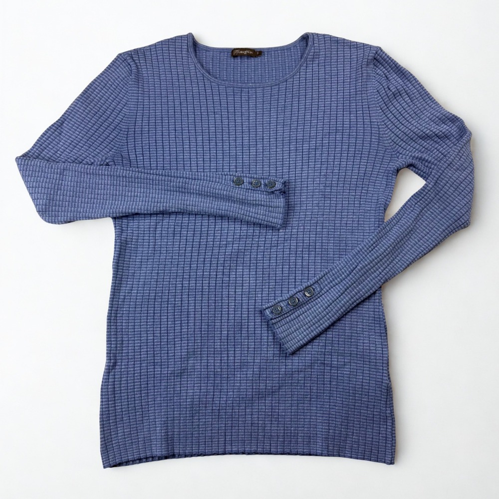 J.McLaughlin Ribbed Top Womens S Blue Long Sleeve Button Cuff Crew Neck Sweater